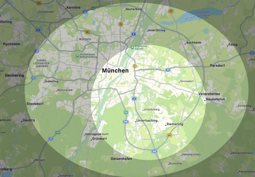Landkarte von München mit Einzugsgebiet für Kunden